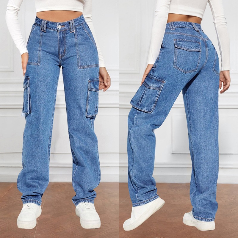 2025 new cross-border foreign trade American retro mid-waist multi-pocket work jeans women's casual straight-leg pants trend