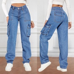 2025 new cross-border foreign trade American retro mid-waist multi-pocket work jeans women's casual straight-leg pants trend