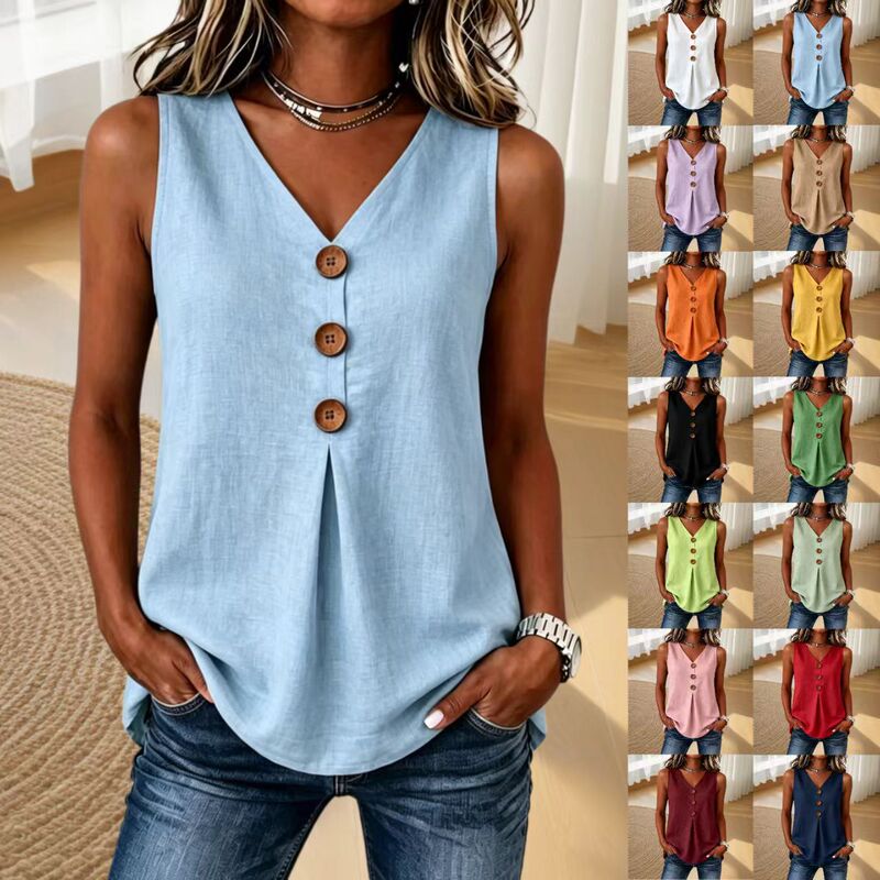 European and American Cross-Border 2026 New Foreign Trade Amazon Summer V-Neck Solid Color Casual Cotton and Linen Button-Up Top Vest for Women