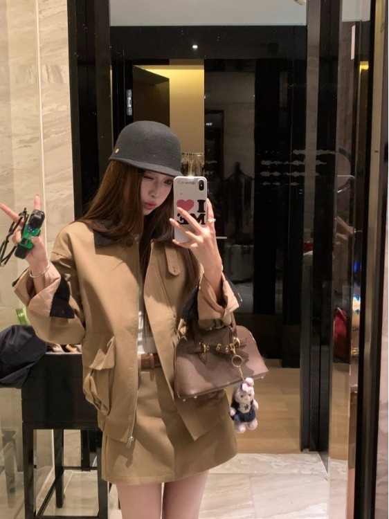 复古工装时尚套装女秋季2025新款翻领长袖外套高腰A字裙裤两件套|undefined