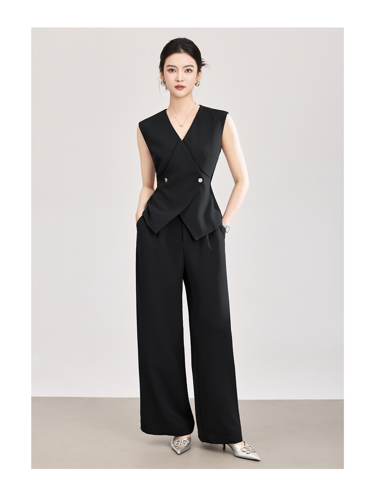 Set áo vest không tay dây buộc + quần ống rộng công sở nữ phong cách hiện đại — màu đen chi tiết 17