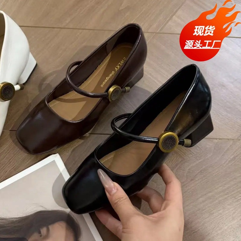 粗跟单鞋秋季浅口百搭复古玛丽珍鞋女系带金属装饰方头一字带单鞋|undefined