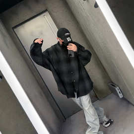 天花板现货高品质BL家25新款黑胶字母翻领格纹法兰绒衬衫男女同款