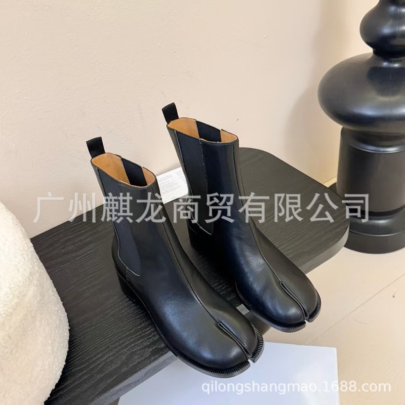 高端2025秋冬真皮复古套筒分趾马丁靴粗跟裸靴时装单靴切尔西靴女|undefined