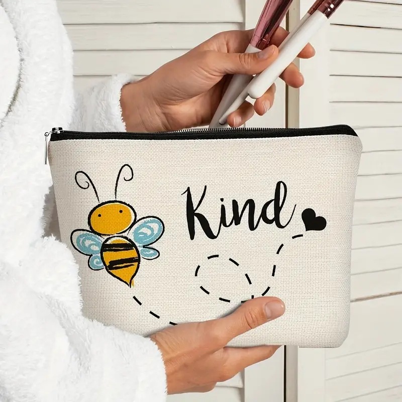 Transfronterizo Amazon Festival de abejas lino impresión doble cara bolsa de maquillaje bolsa de almacenamiento bolsa multifuncional de cremallera