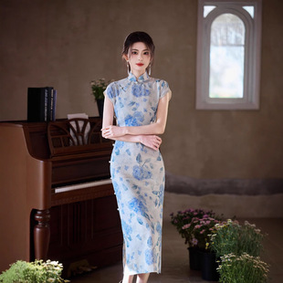 Spring and Summer 2025 New Cheongsam New Chinese Style National Style Blue Cheongsam Flowers Blossom and Wealth Send Test High-end Women's Cheongsam in stock