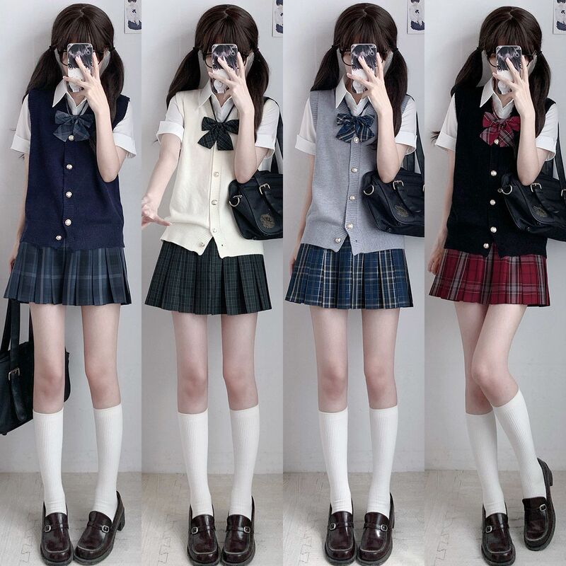 Vest Jk Uniform, Chinchilla Fur Sweater Three-Piece Set, Shirt, Pleated Skirt, School-Supplied Female Jk Set, Long-Sleeve Jk Plaid Skirt