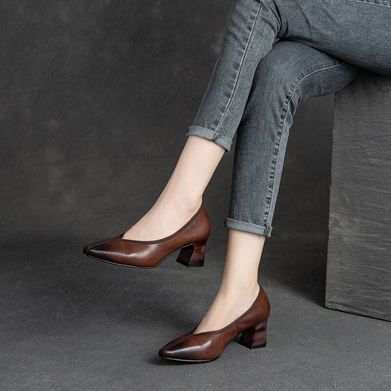 Shanghai Jietu 2022 first layer cowhide hand-polished color retro low-heeled elegant women's shoes all-match comfortable fashion heel shoes