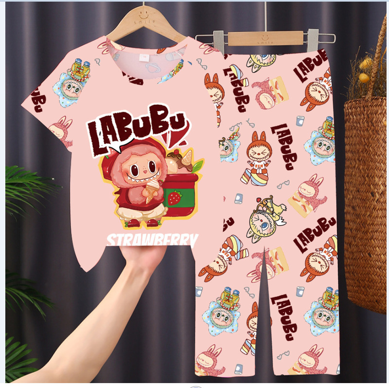 Girls' Pajamas Summer Large Children's Short-sleeved Trousers Home Clothes Girls Summer Thin Air-conditioning Clothes Summer Outer Wear