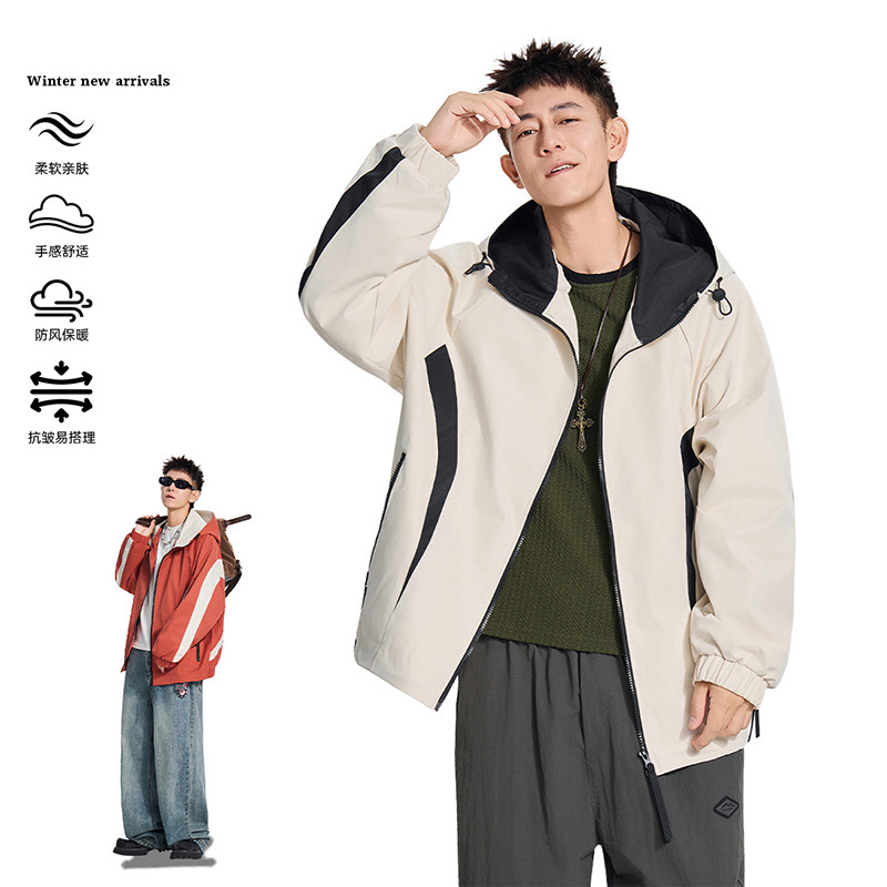 High-quality patchwork hooded jacket for men, 2026 autumn new American high street windproof jacket High-quality patchwork hooded jacket for men, 2026 autumn new American high street windproof jacket