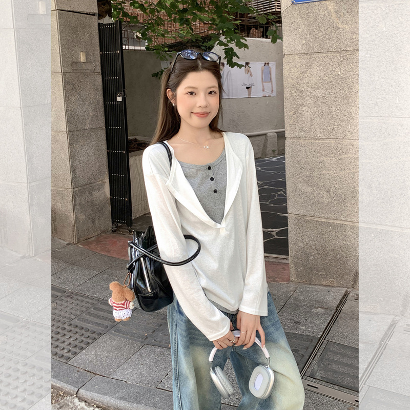 实拍雪花棉假两件撞色翻边垂感长袖T恤女秋宽松慵懒休闲上衣89070|undefined