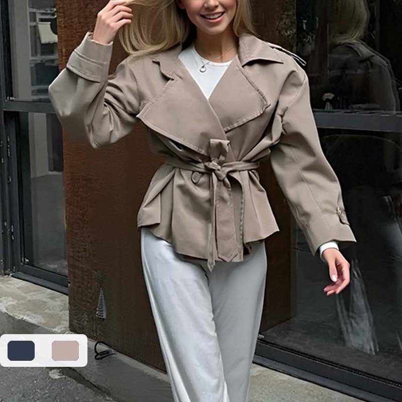 2026 European and American Export Women's Clothing, New Spring Style, Elegant British Style Solid Color Lapel Waist-Cinching Tie-Waist Trench Coat