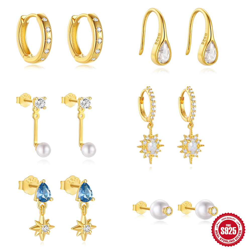 Todo fósforo europeo y americano s925 plata de ley uso diario estrella octogonal Opal/opal moda pendientes pendientes ganchos para los oídos