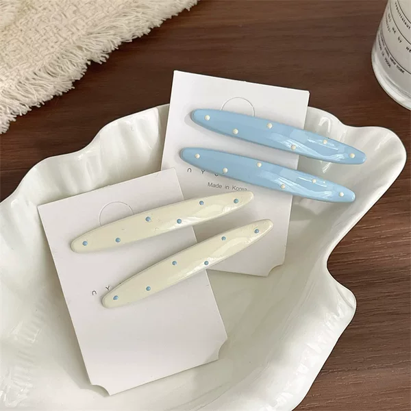 Cream-colored blue and white polka dot hair clip for women, Korean style oil-drip duckbill clip, fashionable bangs clip, hairpin, hair accessory