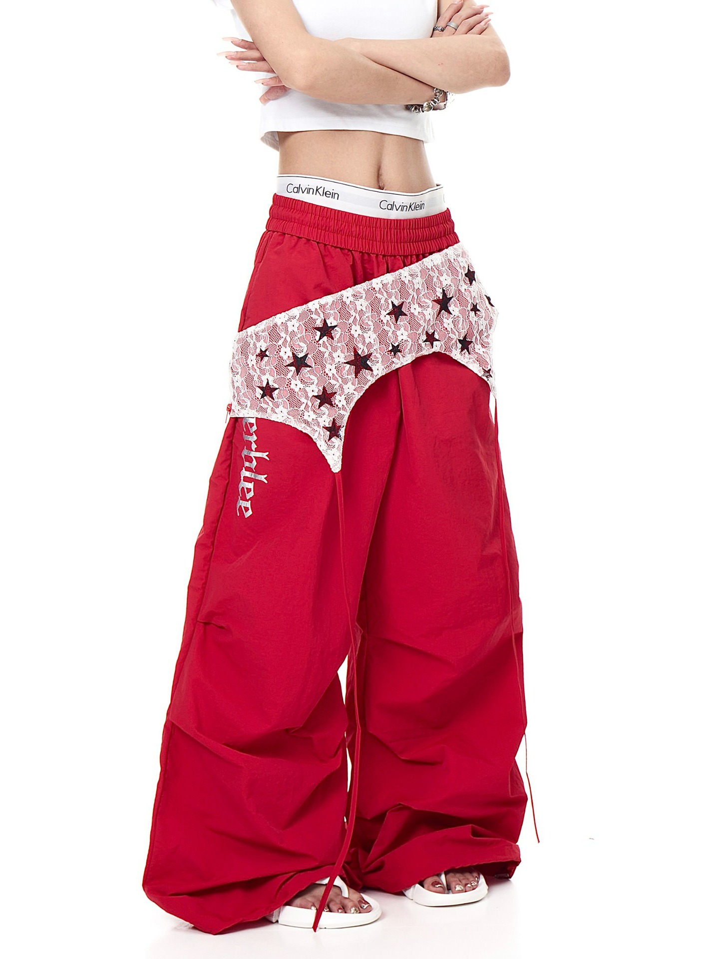 American Rock Style Lace Curtain Star Print Decorative Wide-Leg Pants for Women, New Spring and Autumn Loose Pleated Casual Pants