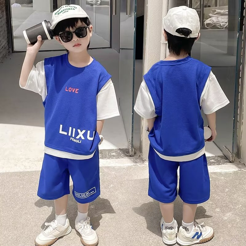 Traje de ropa de verano para niños 2024 nueva ropa para niños mediana y grande verano Internet celebridad deportes de moda Traje de dos piezas de manga corta para niños