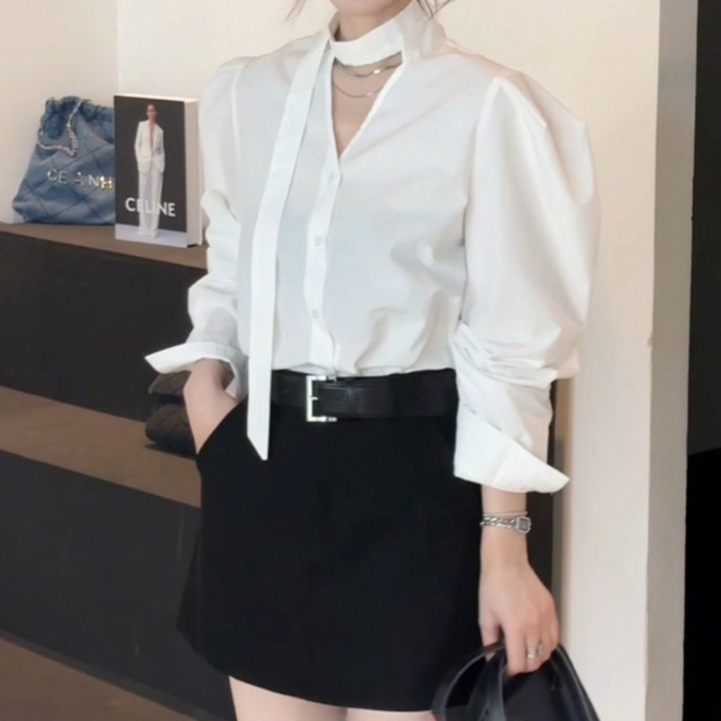 韩系气质v领挂脖长袖衬衫女2025春秋新款设计感小众宽松显瘦上衣|undefined