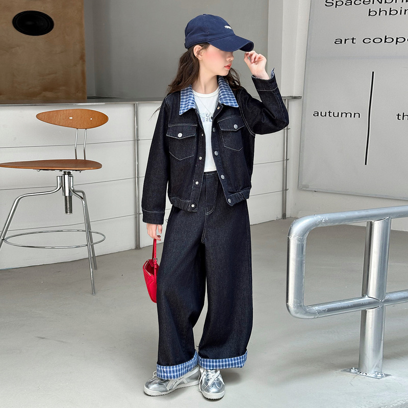 女童格子拼接牛仔套装2025秋季新款复古设计感外套阔腿裤两件套潮|undefined