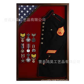 木制旗帜展示盒可悬挂勋章奖牌制服阴影盒透明前窗木制展示相框