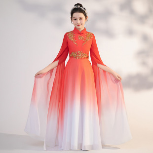 Girl's play guzheng costume red Chinese style evening dress folk music performance chorus art examination classical dance dress