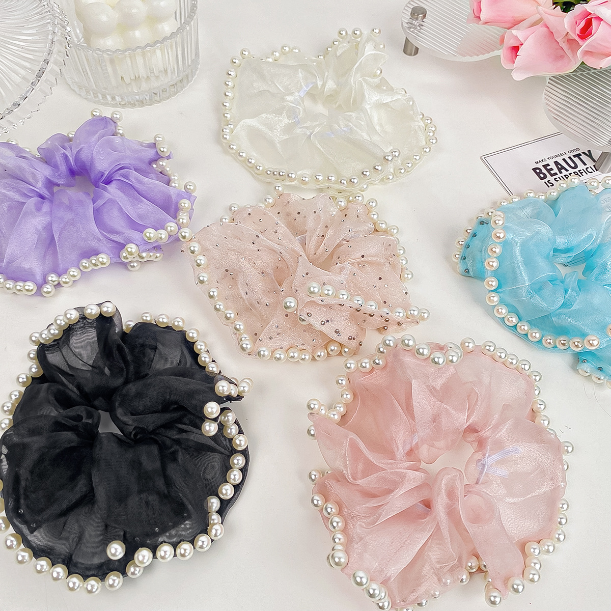 Women's Simple Style Solid Color Gauze Pearl Hair Tie display picture 1