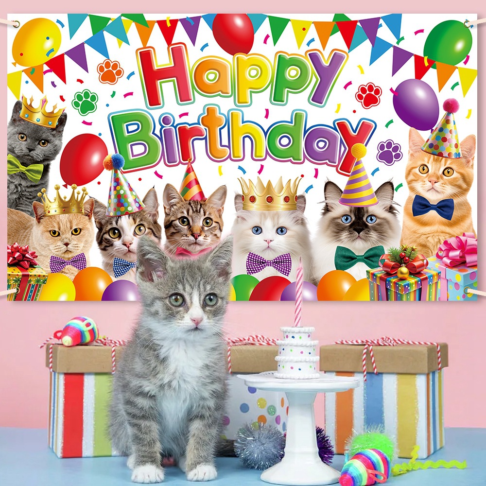 Paño de fondo de decoración de fiesta de cumpleaños tema de gato mascota transfronteriza foto de cumpleaños decoración de fondo de gato banner