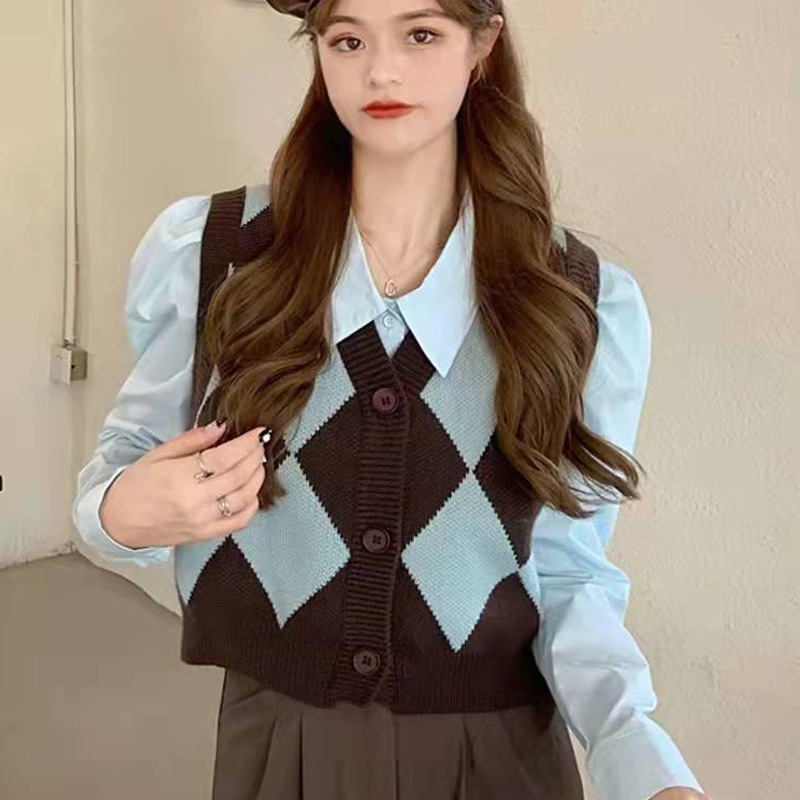 Rombo V-cuello de punto chaleco abrigo para las mujeres primavera y otoño nuevo retro chaleco exterior corto superior image 9