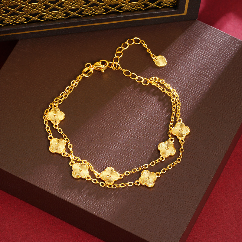 Nueva pulsera china de oro de arena vietnamita ligera de lujo de alto nivel de doble capa de cuatro hojas de flores de brazalete de joyería de mano de larga duración
