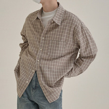 韩版潮流小众格子衬衫男生春季新款休闲宽松翻领格纹长袖衬衣外套
