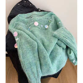 慵懒风绿色镂空亮片马海毛毛衣女秋新款设计感气质温柔软糯针织衫