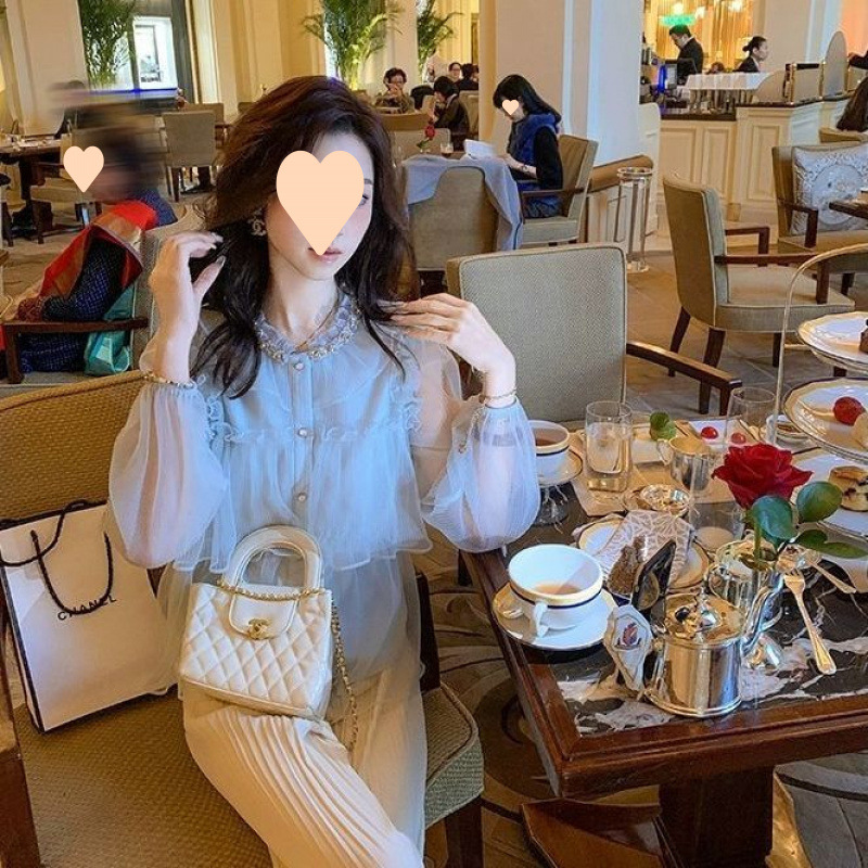 고급스러운 토끼, 연예인, 요정 기질, 살을 커버해주는 봄나무 긴팔 셔츠, 패셔너블한 중공 쉬폰 셔츠