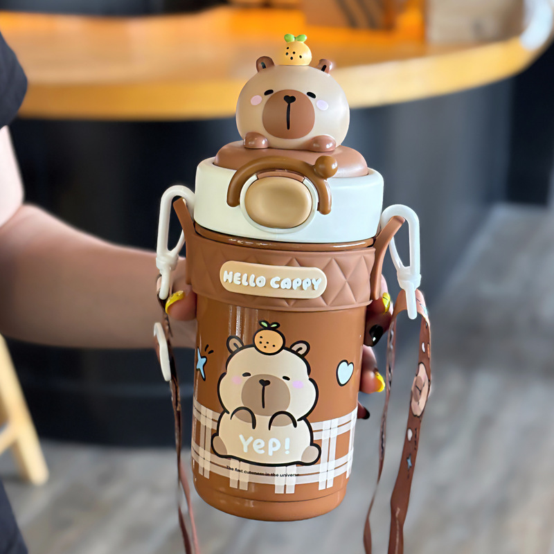かわいい Kapibara 子供用ポットとカップセット学生魔法瓶カップ調節可能なカップロープポータブルシリコンノズル飲料カップ|undefined
