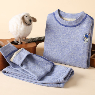Wool silk children's thermal underwear suit boys and girls autumn clothes long pants double-sided brushed children's small half collar bottoming