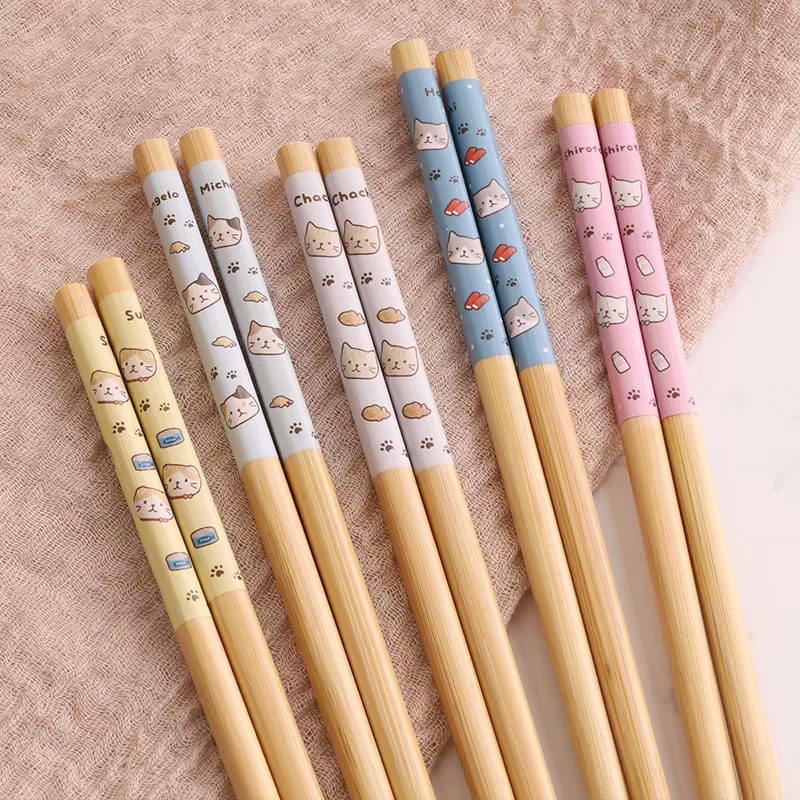 New trendy household bamboo chopsticks 24cm cute cartoon cat bamboo chopsticks, one pair for each person, 5 colors, printed bamboo chopsticks