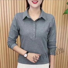 翻领女装洋气纯色新款Polo领长袖上衣中年妈妈春秋显瘦减龄小衫