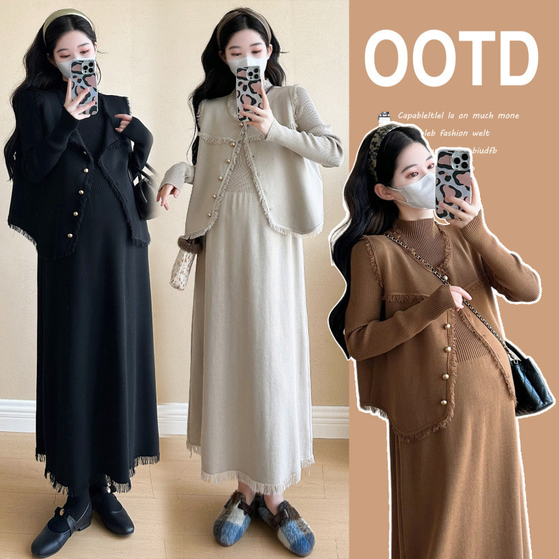 Maternity Sweater Set 2025 Autumn Little Fragrance Maternity Wear Vest + Dress Two-Piece Set Temperament Maternity Suit Maternity Sweater Set 2025 Autumn Little Fragrance Maternity Wear Vest + Dress Two-Piece Set Temperament Maternity Suit