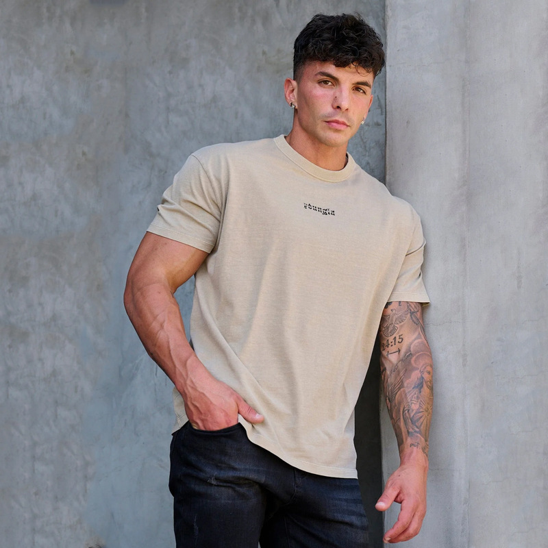 YOUNGLA Men's Oversized T-Shirt Muscle Sports Fitness Cotton Round Neck Short Sleeve Gym Running Basketball Training