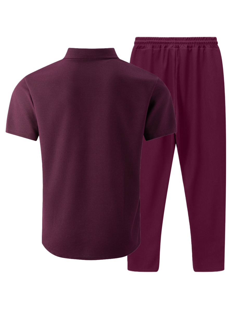 Herren Waffelstrick Set Hemd Mit Hose Zweiteiler Sommer Mode_voghion.com