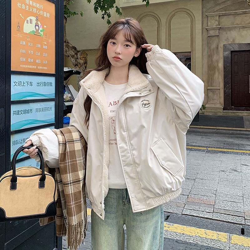加绒加厚学院刺绣徽章立领棉服女秋冬2025新款宽松显瘦夹克外套
