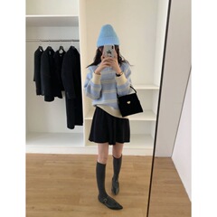 egg翻领条纹毛衣复古半拉链加厚针织衫女秋冬新款慵懒设计感显瘦