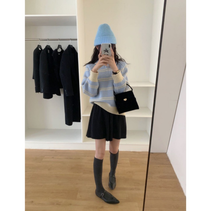 egg翻领条纹毛衣复古半拉链加厚针织衫女秋冬新款慵懒设计感显瘦