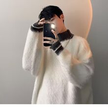 半高领条纹毛衣男冬季加厚马海毛慵懒风针织衫潮牌宽松高级感外套