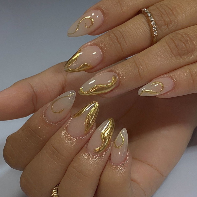 3D Golden Irregular Nail Art False Nail Short Almond Armor Cross-border Foreign Trade Hot Wearing Armor Pieces Finished Products 3D Golden Irregular Nail Art False Nail Short Almond Armor Cross-border Foreign Trade Hot Wearing Armor Pieces Finished Products