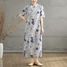 夏季新款中式改良旗袍女棉麻舒适立领国风水墨印花茶服短袖连衣裙