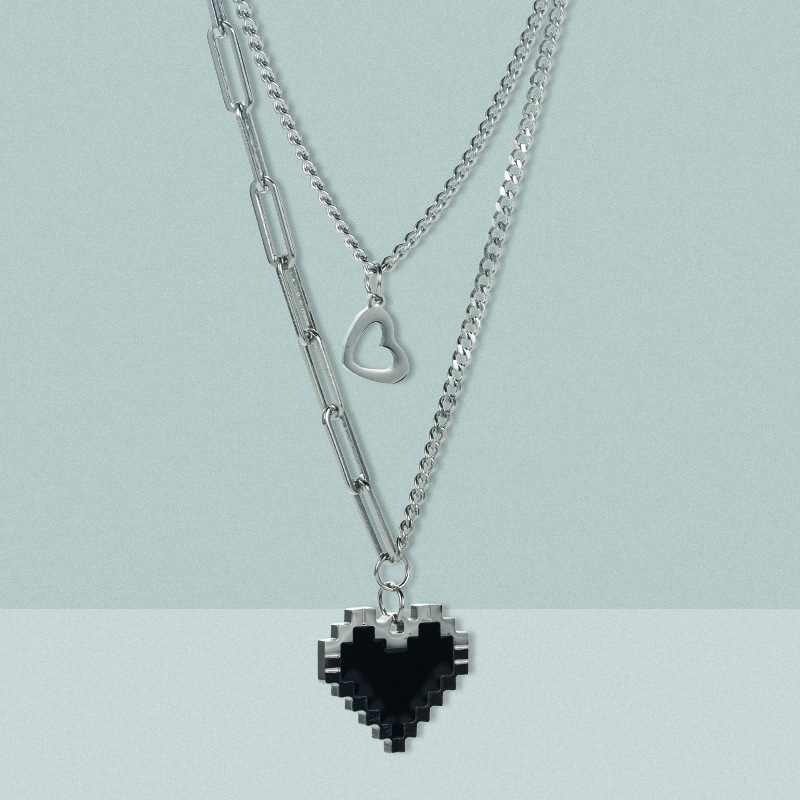 Mosaic Heart Titanium Steel Necklace Heart-shaped Double Layered Clavicle Chain display picture 8