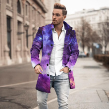 外贸秋季新男士星空3D印花单排纽扣开衫休闲男款中长风衣来图定制