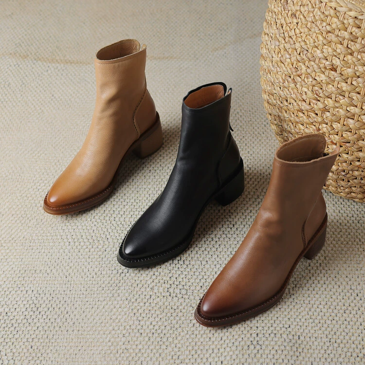 Leather low boots high heels, western style, cowhide