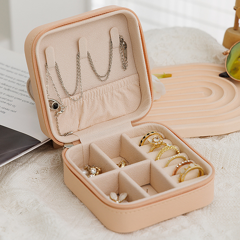 [Patrón cruzado] Joyero portátil simple con cremallera, anillo coreano, aretes, caja de almacenamiento, flip, fácil de llevar, accesorios pequeños image 5