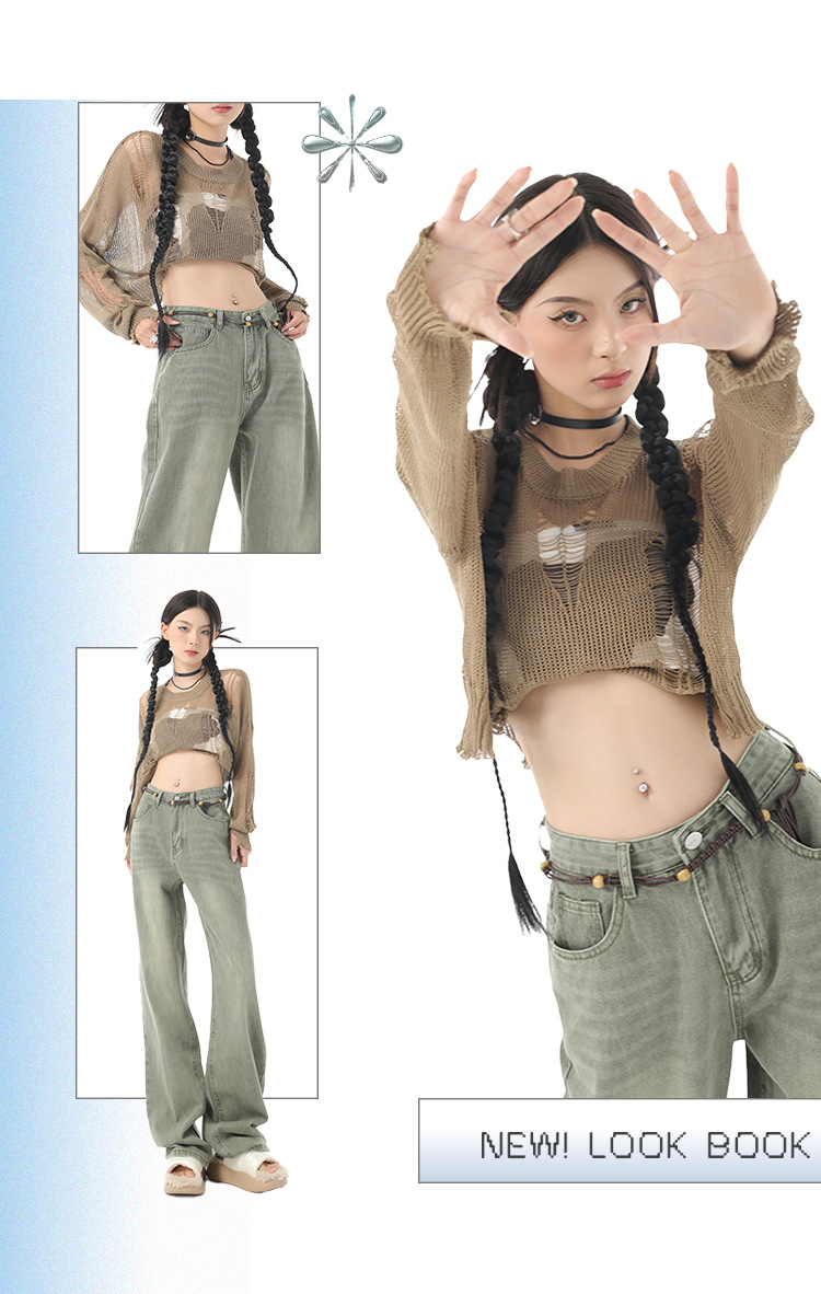 2022 New Korean niche washed retro green wide-leg jeans for women, versatile straight-leg loose jeans, trendy INS pic 8