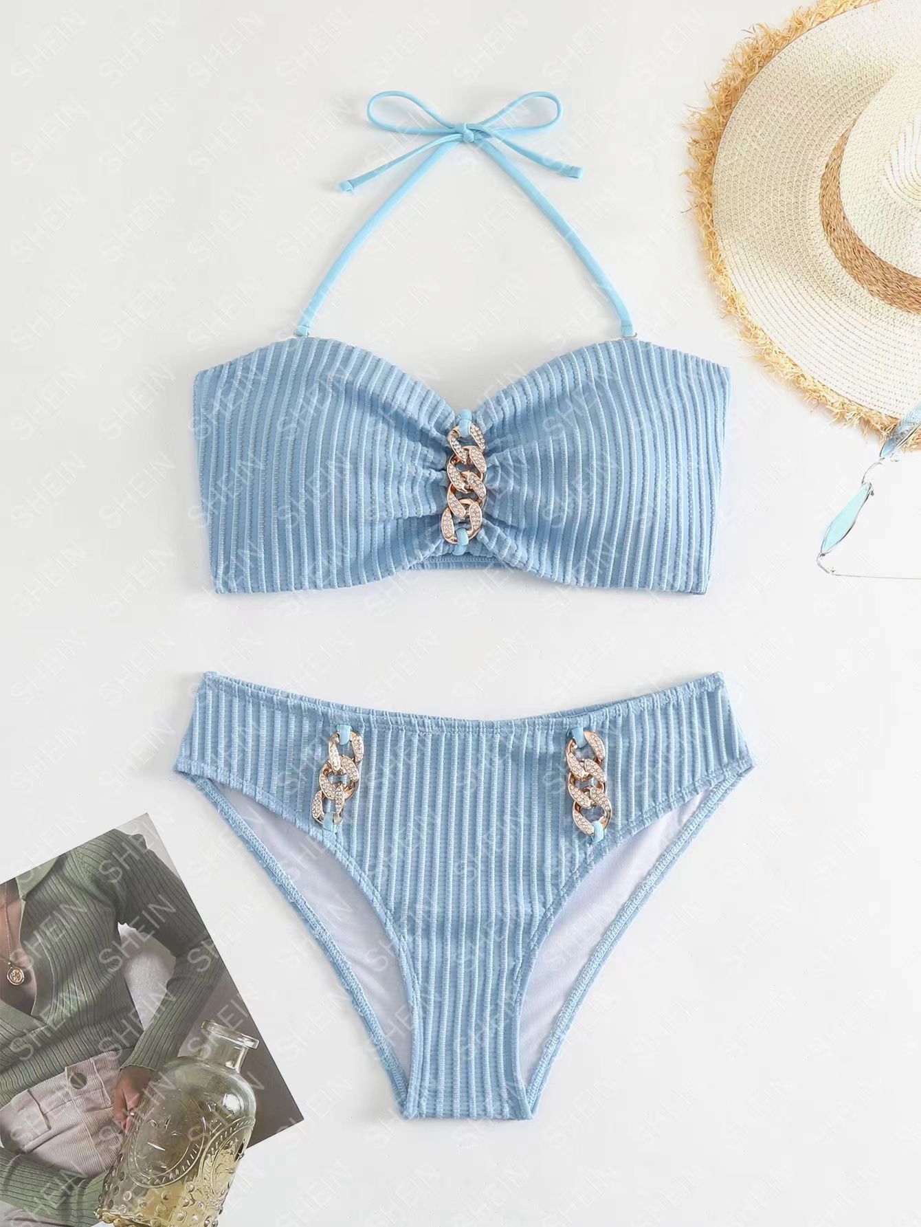 245g Weight Mid Waist Panties Waist Briefs Panties Style Halter Placket Type Bra&Panty Set Bra Category Nylon, Polyester Fabric Type 2 Pieces Set Quantity Swimming Pool, Beach Occasion Stripe, Solid Color Pattern Full Coverage Bra Cup Women's Gender Women's Stripe Solid Color 2 Pieces Set Bikinis Swimwear 14